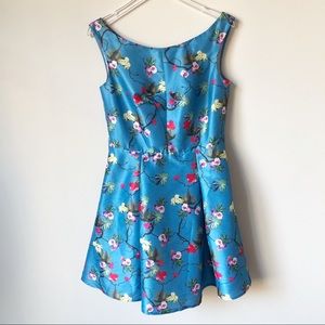 eShakti Blue Floral Print Dupioni Dress